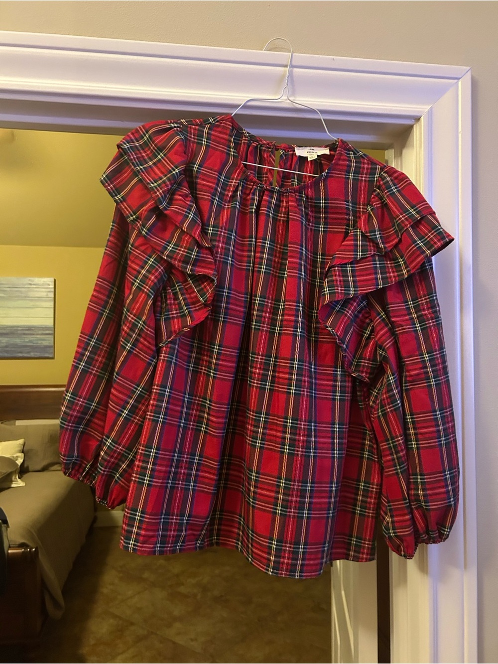 entro Red Plaid Ruffle Shoulder Blouse - Picture 2 of 5